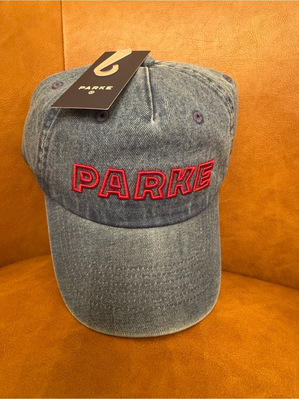 Parke Denim Baseball Cap in Light Blue with Red Logo